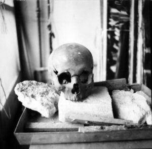 Czaszka w pracowni Jacka Sempolińskiego przy alei Solidarności, Warszawa, 1995, fot. Jerzy Sabara